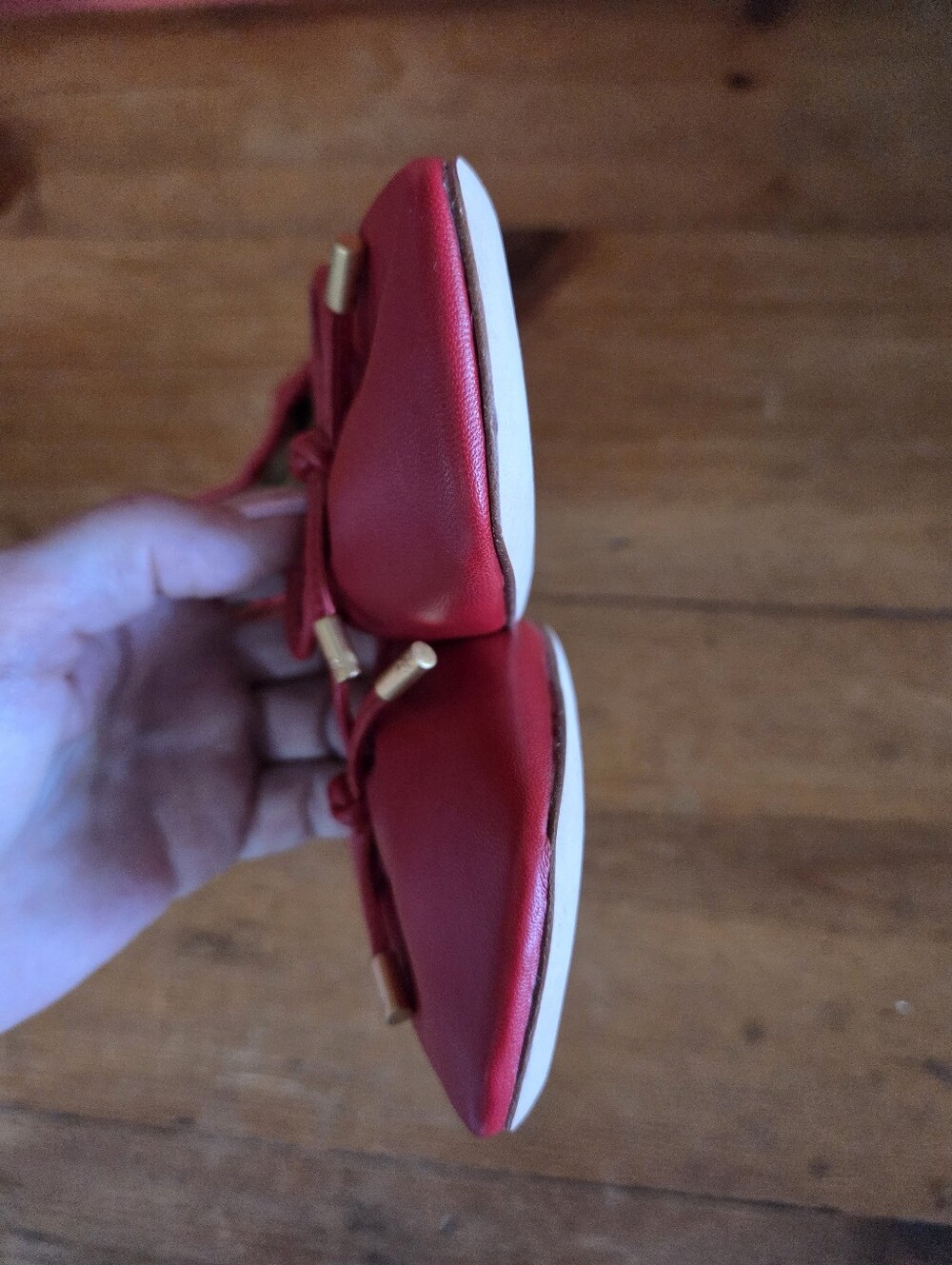 Tory Burch Red Leather Ballet Flats Square Toe Size 8M Bow Elasticated Gold Logo - Picture 12 of 16